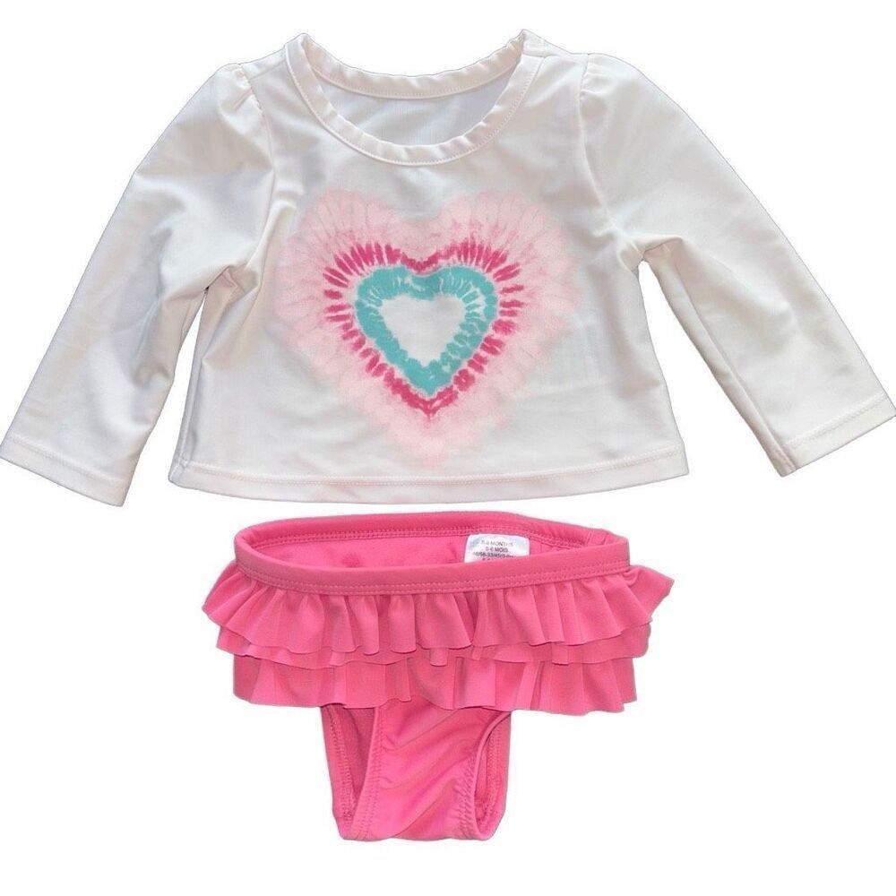 Gap baby bathing suit rash guard ruffle bottoms pink white heart 0-6 months new